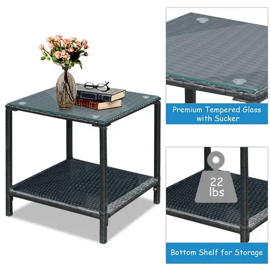 Costway 3 Pieces Cushioned Patio Rattan Set Rocking Chair and Table, Gray, HW62861GR