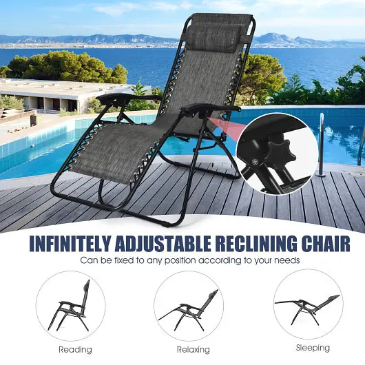 Costway 3 Pieces Folding Travel-friendly Zero Gravity Reclining Lounge Chairs Table Set, Gray, OP3475GR