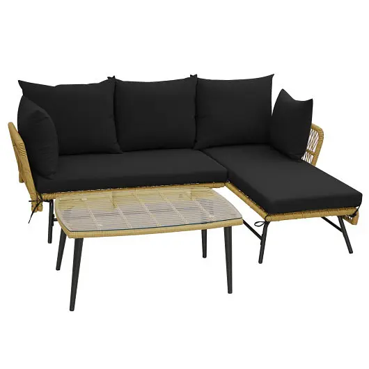 Costway 3 Pieces L, Influenced Patio Sofa Cushions and Tempered Glass Table, Black, HW71133BK+