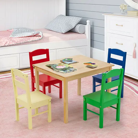Costway 5 Pieces Kids Hitch Pine Wood Multicolor Table Chair Set, HY10046MC