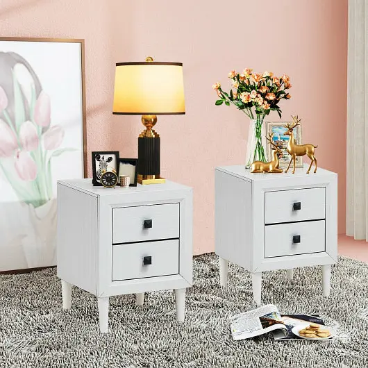 Costway 2 Pieces Multipurpose Retro Nightstand 2 Drawers, Pure White, HW61187WH-2