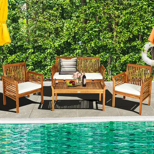 Costway 4 Pieces Outdoor Acacia Wood Sofa Furniture Set, HW63884