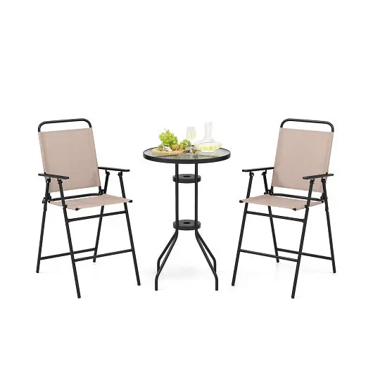 Costway 3 Pieces Outdoor Bistro Set 2 Folding Chairs, Beige, NP11357BE