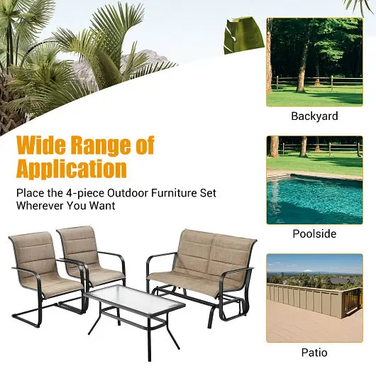 Costway 4 Pieces Outdoor Patio Furniture Set Padded Glider Loveseat and Coffee Table, Walnut, NP10093WL-CF