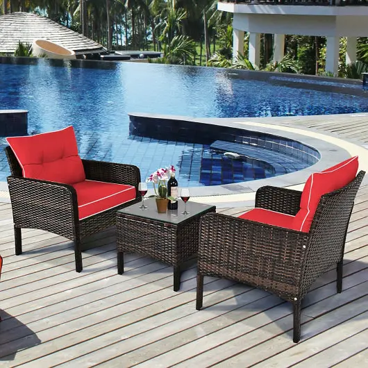 Costway 3 Pieces Outdoor Patio Rattan Conversation Set Seat Cushions, Red, HW68639RE