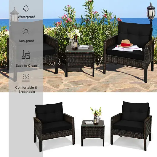 Costway 3 Pieces Outdoor Patio Rattan Conversation Set Seat Cushions, Jet Black, HW68639DK