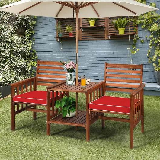 Costway 3 Pieces Outdoor Patio Table Chairs Set Acacia Wood Loveseat, Crimson, OP70605RE