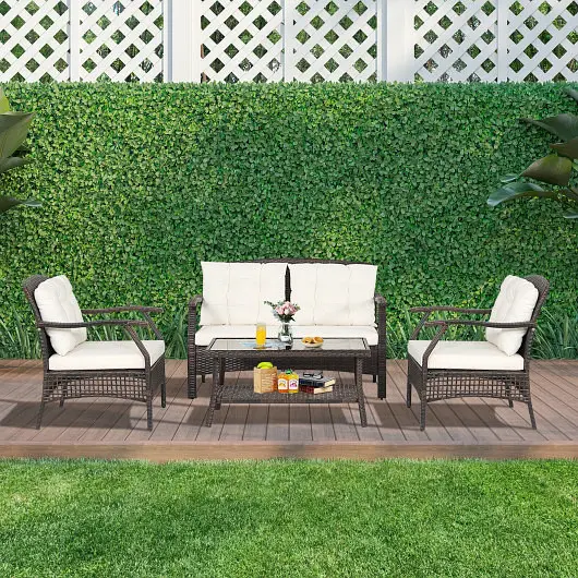 Costway 4 Pieces Outdoor Rattan Conversation Set Preserveive Cover, HW69353+