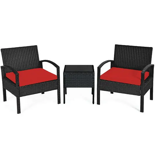 Costway 3 Pieces Outdoor Rattan Patio Conversation Set Seat Cushions, Red, HW63218RE