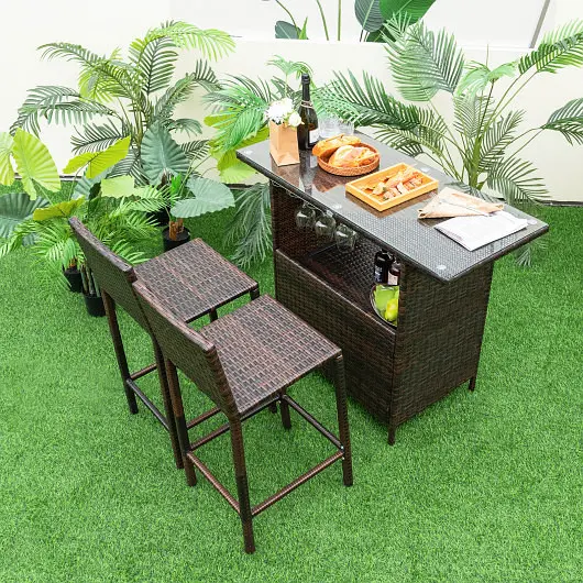 Costway 3 Pieces Outdoor Wicker Bar Set 3 Rows Stemware Racks, NP10973