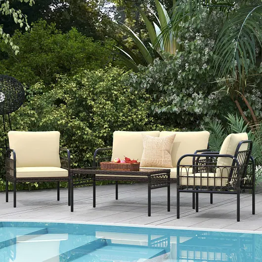 Costway 4 Pieces Outdoor Wicker Conversation Bistro Set Soft Cushions and Tempered Glass Coffee Table, Beige, HW71622BN+