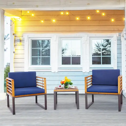 Costway 3 Pieces Patio Acacia Wood Conversation Set Cushioned Armchairs, Navy, HW70979NY