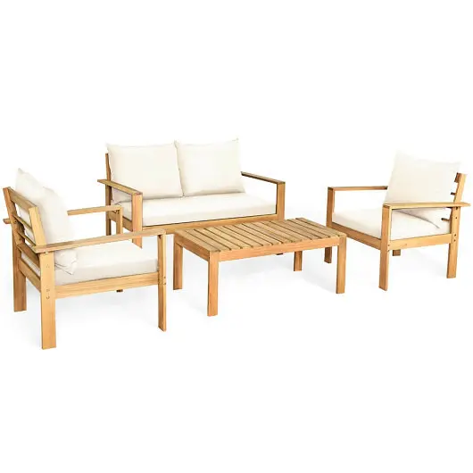 Costway 4 Pieces Patio Acacia Wood Thick Cushion Loveseat Sofa Set, Off-White, HW64146WH+
