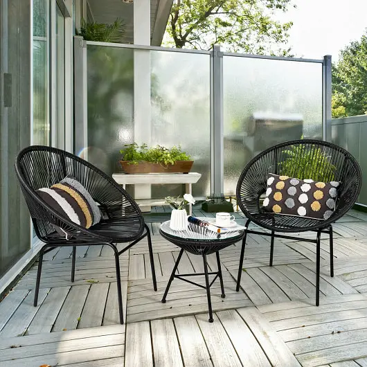 Costway 3 Pieces Patio Acapulco Furniture Bistro Set Glass Table, Ebony, HW66981BK