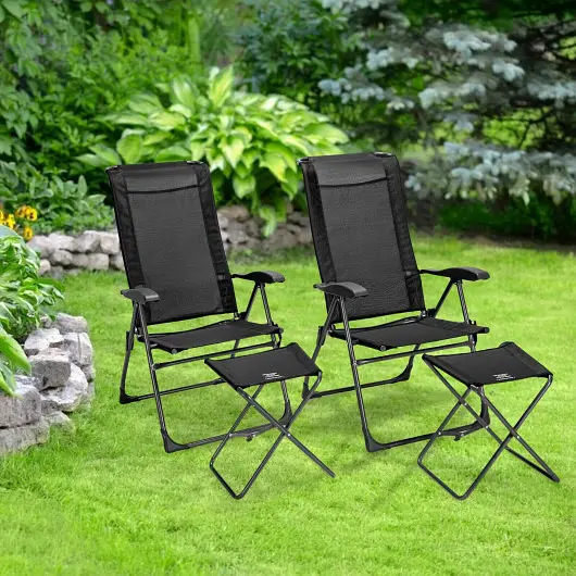 Costway 4 Pieces Patio Adjustable Back Folding Dining Chair Ottoman Set, Black, NP10017BK-2