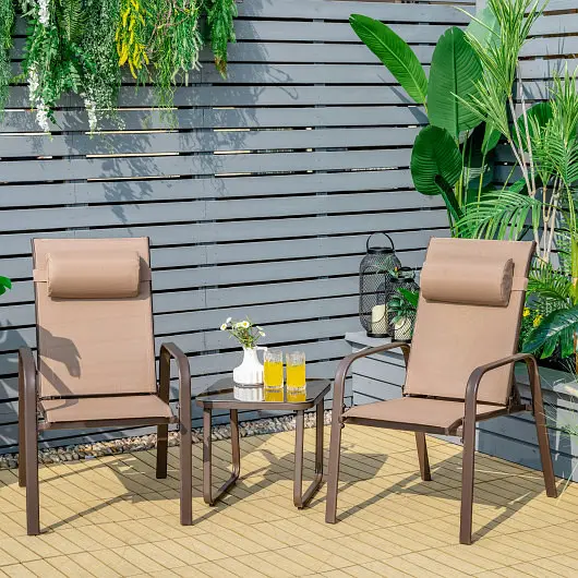 Costway 3 Pieces Patio Bistro Furniture Set Adjustable Backrest, Brown, NP10222CF