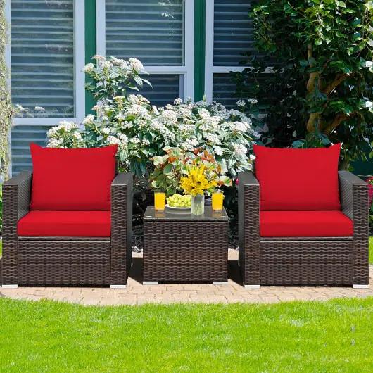 Costway 3 Pieces Patio Conversation Rattan Furniture Set Cushion, Red, HW66531RE+