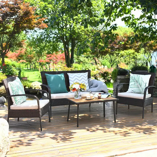 Costway 4 Pieces Patio Cushioned Wicker Conversation Set Acacia Wood Tabletop, HW67768