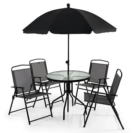 Costway 6 Pieces Patio Dining Set Folding Chairs Glass Table Tilt Umbrella Garden, Metallic Silver Gray, NP10472GR