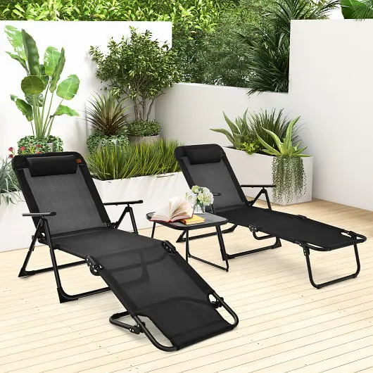 Costway 3 Pieces Patio Folding Chaise Lounge Set PVC Tabletop, Matte Black, NP11158DK