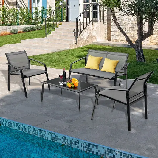 Costway 4 Pieces Patio Furniture Set Armrest Loveseat Sofas and Glass Table Deck, Grey, NP10474GR