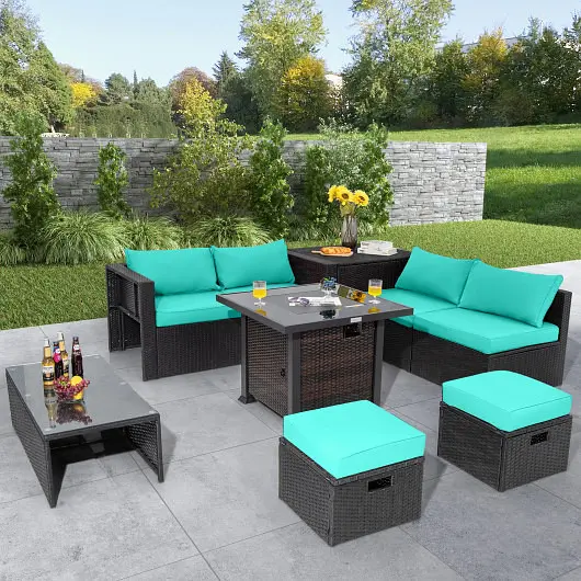 Costway 9 Pieces Patio Furniture Set 32” Fire Pit Table and 50000 BTU Square Propane Fire Pit, Turquoise, NP10618CF+HW68...