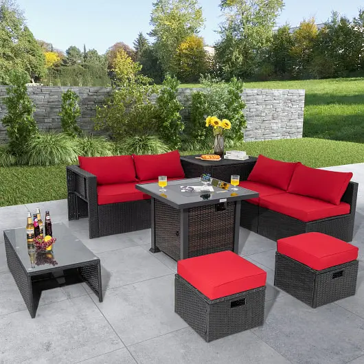 Costway 9 Pieces Patio Furniture Set 32” Fire Pit Table and 50000 BTU Square Propane Fire Pit, Red, NP10618CF+HW68605RE+