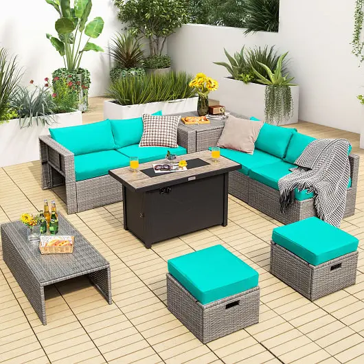 Costway 9 Pieces Patio Furniture Set 42 Inches 60000 BTU Fire Pit, Turquoise, OP70369+HW68604TU+