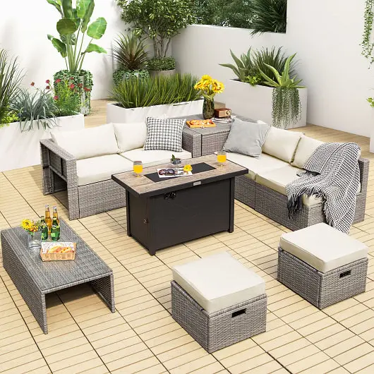 Costway 9 Pieces Patio Furniture Set 42 Inches 60000 BTU Fire Pit, Snow White, OP70369+HW68604WH+