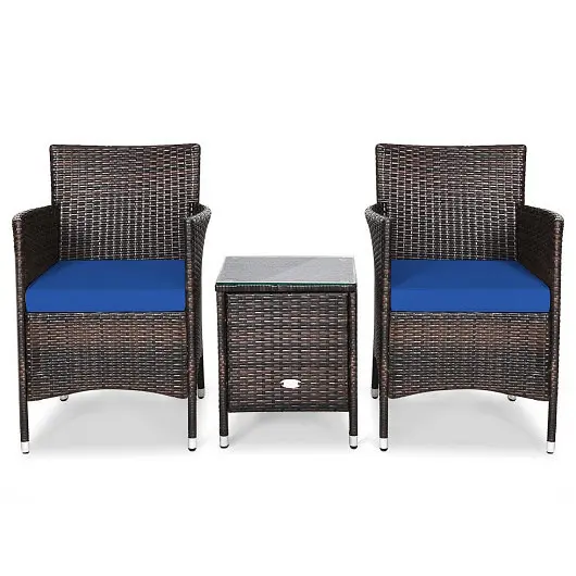 Costway 3 Pieces Patio Furniture Set Outdoor Wicker Rattan Set, Navy, HW63850NY