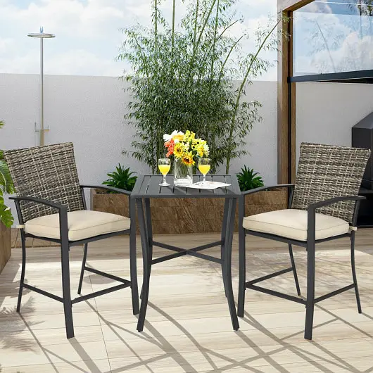 Costway 3 Pieces Patio Rattan Bar Furniture Set Slat Table and 2 Cushioned Stools, Gray, NP10086GR