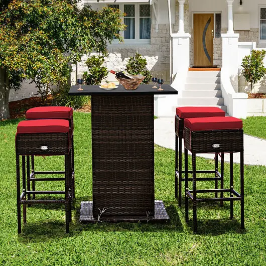 Costway 5 Pieces Patio Rattan Bar Table Stool Set Hidden Storage Shelf Cushioned, Red, HW68244RE+