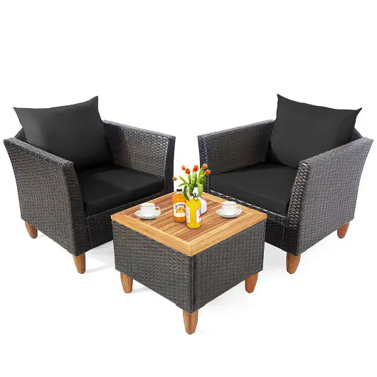 Costway 3 Pieces Patio Rattan Bistro Furniture Set Wooden Table Top, Black, HW69383DK