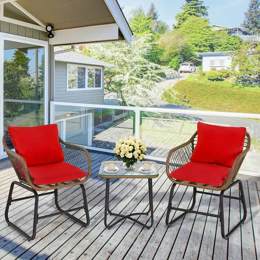 Costway 3 Pieces Patio Rattan Bistro Set Cushioned Chair Glass Table Deck, Fire Red, OP70838RE