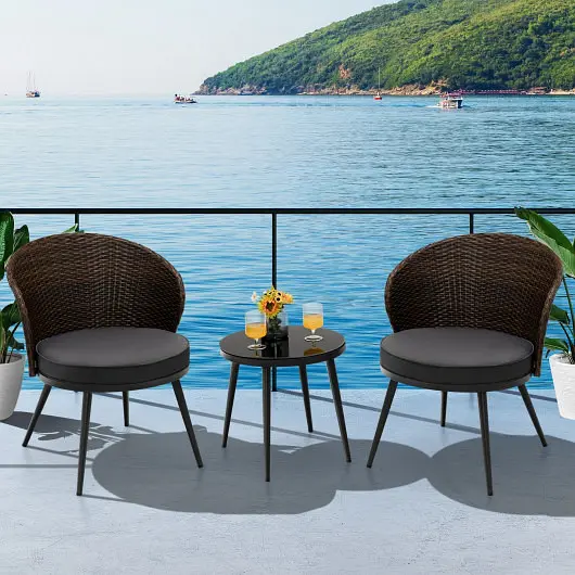 Costway 3 Pieces Patio Rattan Bistro Set 2 Seat Cushions and Tempered Glass Tabletop, Brown, NP10298BN