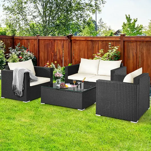Costway 4 Pieces Patio Rattan Conversation Set Padded Cushion and Tempered Glass Coffee Table, Ivory, HW65410BCR+