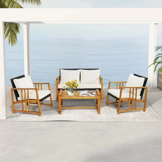 Costway 4 Pieces Patio Rattan Conversation Set Seat and Back Cushions, Off Cream, HW70819WH+