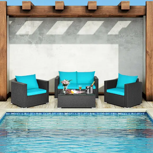 Costway 4 Pieces Patio Rattan Cushioned Furniture Set, Turquoise, HW65410BTU+