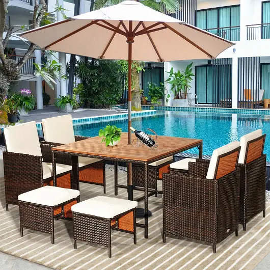 Costway 9 Pieces Patio Rattan Dining Cushioned Chairs Set, White, HW70674WH+