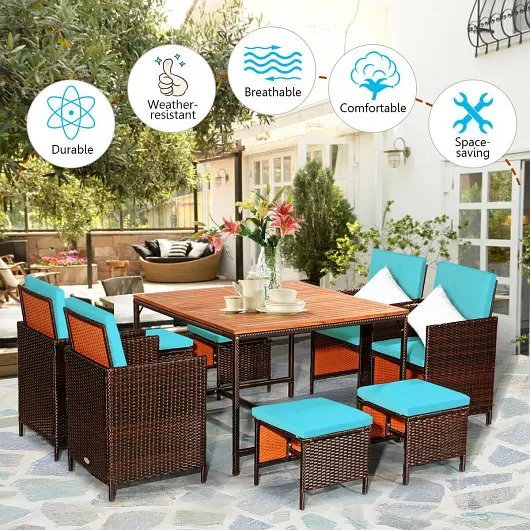 Costway 9 Pieces Patio Rattan Dining Cushioned Chairs Set, Turquoise, HW70674TU+