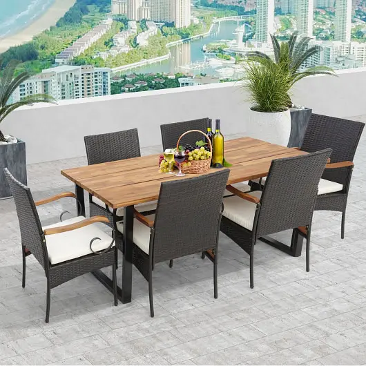Costway 7 Pieces Patio Rattan Dining Set 2 Inches Umbrella Hole-Curved Handrail, HW70833-2+HW70833-4+HW70840