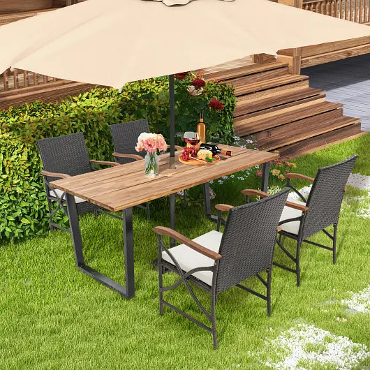 Costway 5 Pieces Patio Rattan Dining Set Acacia Wood Tabletop and Armrests, HW70832-4+HW70840