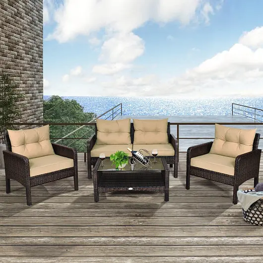 Costway 4 Pieces Patio Rattan Free Combination Sofa Set Cushion and Coffee Table, HW68637ABN+