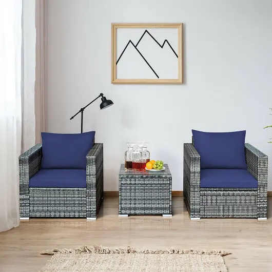 Costway 3 Pieces Patio Rattan Furniture Bistro Sofa Set Cushioned, Navy, HW66530NY+