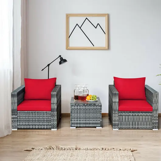 Costway 3 Pieces Patio Rattan Furniture Bistro Sofa Set Cushioned, Red, HW66530RE+