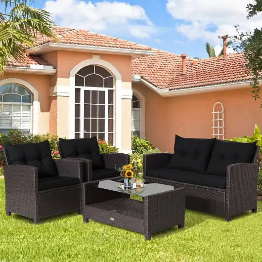 Costway 4 Pieces Patio Rattan Furniture Set Tempered Glass Coffee Table, Jet Black, HW66742BK+