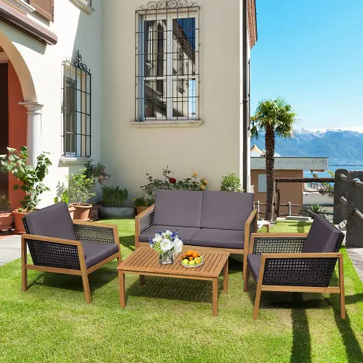 Costway 4 Pieces Patio Rattan Furniture Set Removable Cushions, Gunmetal, HW69144GR+