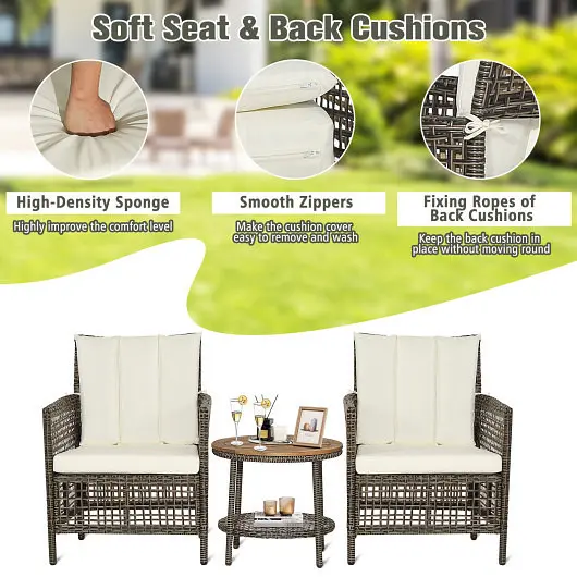 Costway 3 Pieces Patio Rattan Furniture Set Cushioned Sofas and Wood Table Top, Off-White, HW70241WH
