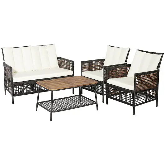 Costway 4 Pieces Patio Rattan Furniture Set 2-Tier Coffee Table, White, HW70242WH+