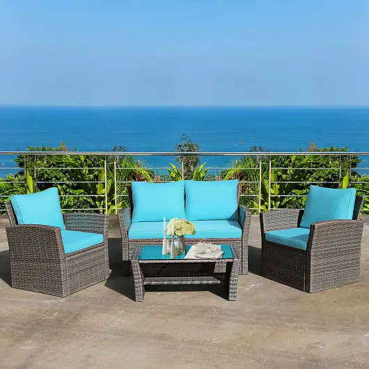 Costway 4 Pieces Patio Rattan Furniture Set Sofa Table Storage Shelf Cushion, Turquoise, HW67841ATU+